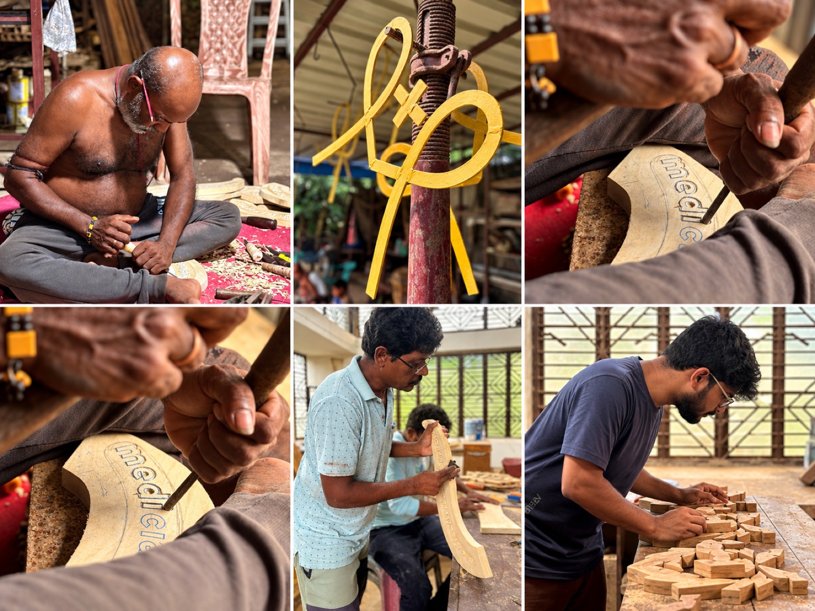 Artisans carving the award's wooden panels, painting the golden emblem and assembling the lion faces