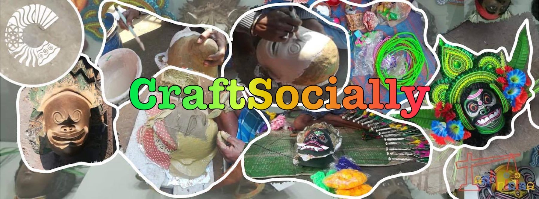 Illustration of Purulia Chhau mask makers at work, with the CraftSocially logo