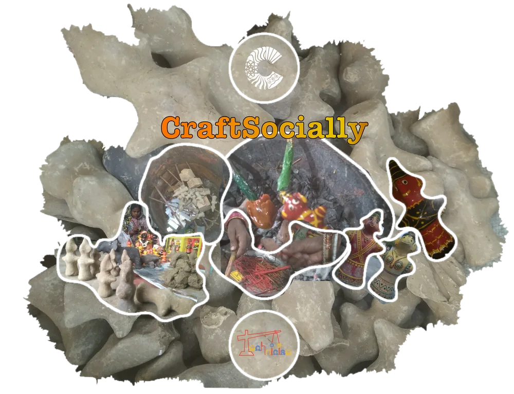 Illustration of clay and lacquer dolls and artisans at work, with the CraftSocially logo